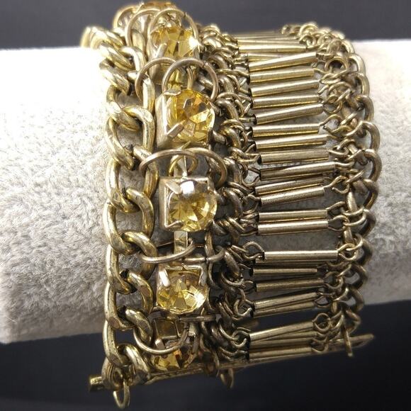 Bohemian Gold Rhinestone Beaded Vintage Bracelet - Picture 1 of 8